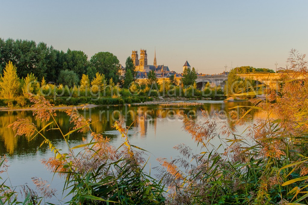 Vue d'orléans en fin de journée, la cathédrale Sainte-Croix et le pont Georges V, depuis le quai de Pragues en bord de Loire.